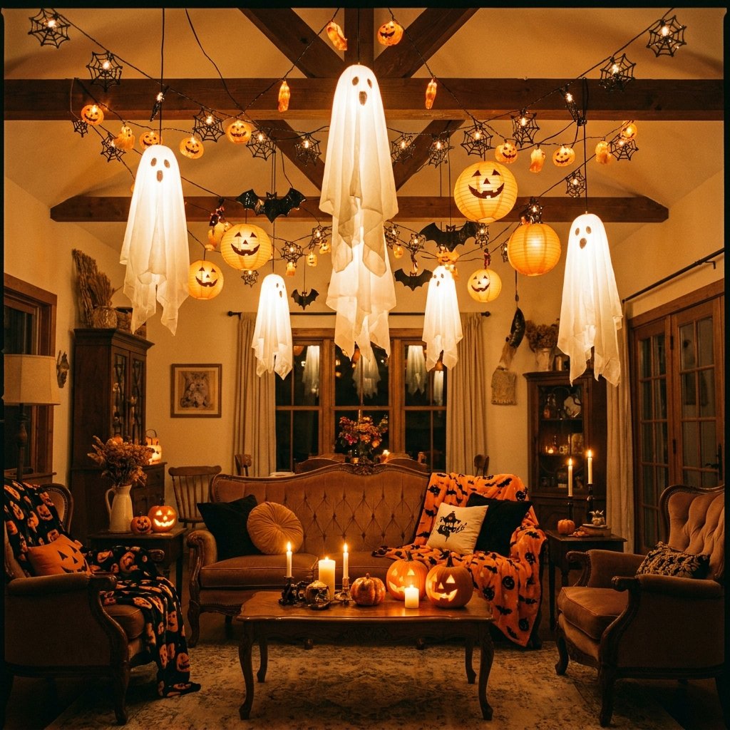 Hanging Halloween Ceiling Decorations: 5 Essential CPSC Rules for Safe Overhead Styling 2 Light-up hanging Halloween ceiling decorations suspended safely above a cozy living room couch and coffee table