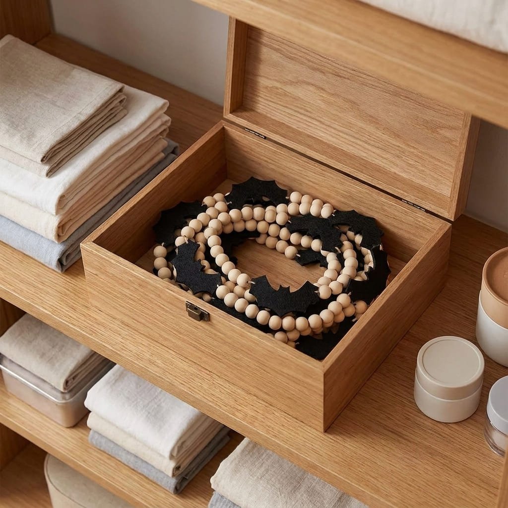 felt bat garland stored loosely coiled in a storage box