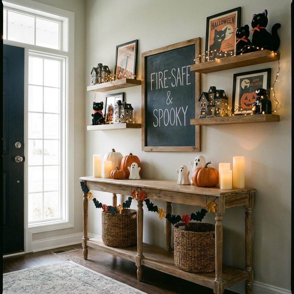 Fire-Safe Halloween Decorations: 5 Essential CPSC Rules for Flame-Free Display 4 Fire-safe Halloween decorations styled across an entryway console table and floating display shelves