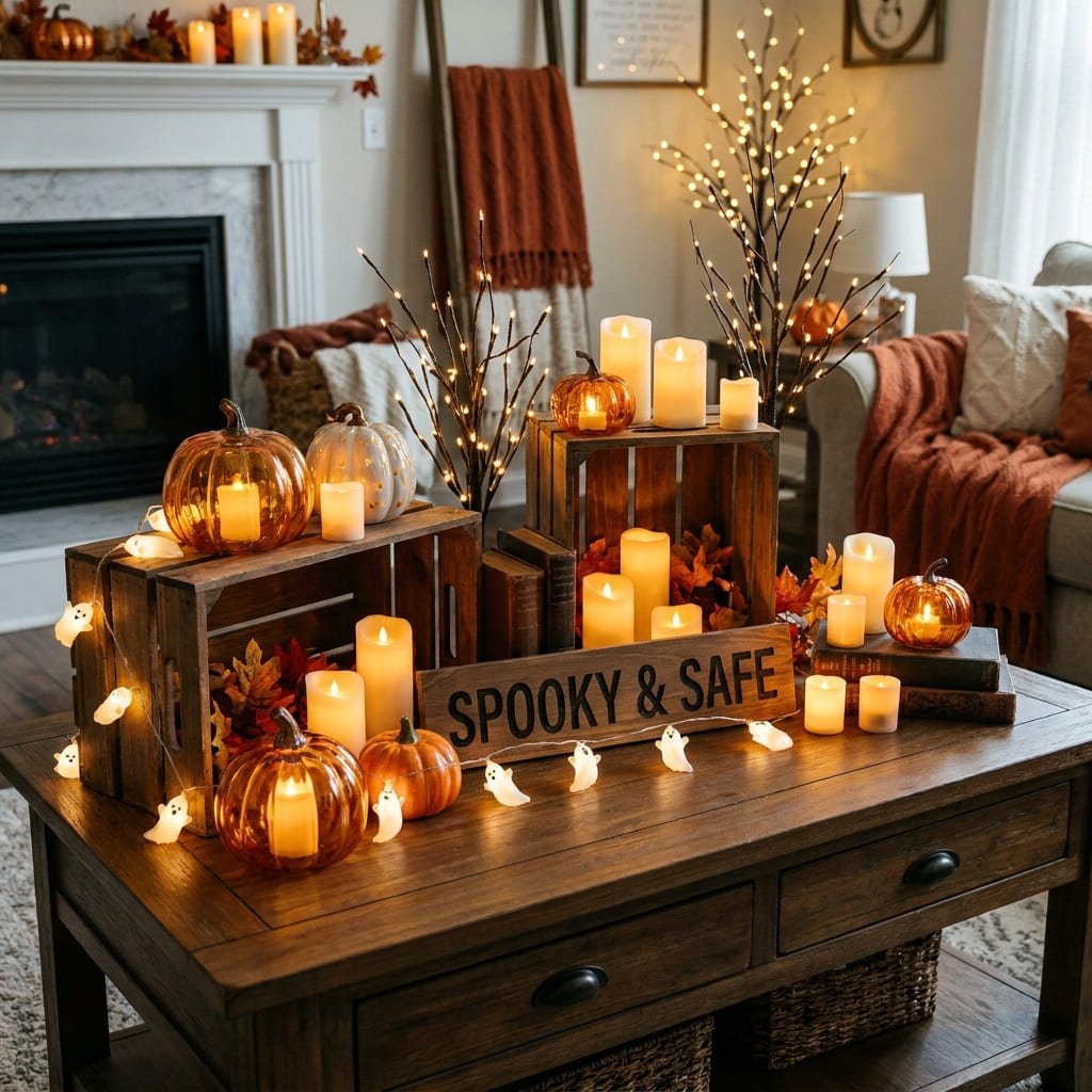 Fire-Safe Halloween Decorations: 5 Essential CPSC Rules for Flame-Free Display 2 Fire-safe Halloween decorations featuring flameless battery candles and LED accents on a wooden living room coffee table