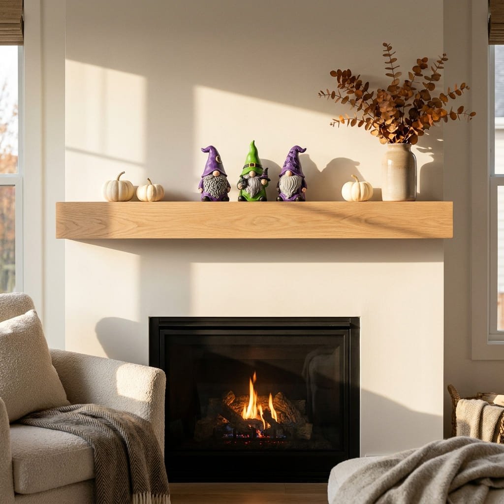 Child-Safe Halloween Decorations: 5 Essential CPSC Rules for Low-Risk Holiday Styling 3 Eco-friendly resin Halloween gnomes displayed safely on a wooden fireplace mantel alongside small pumpkins.