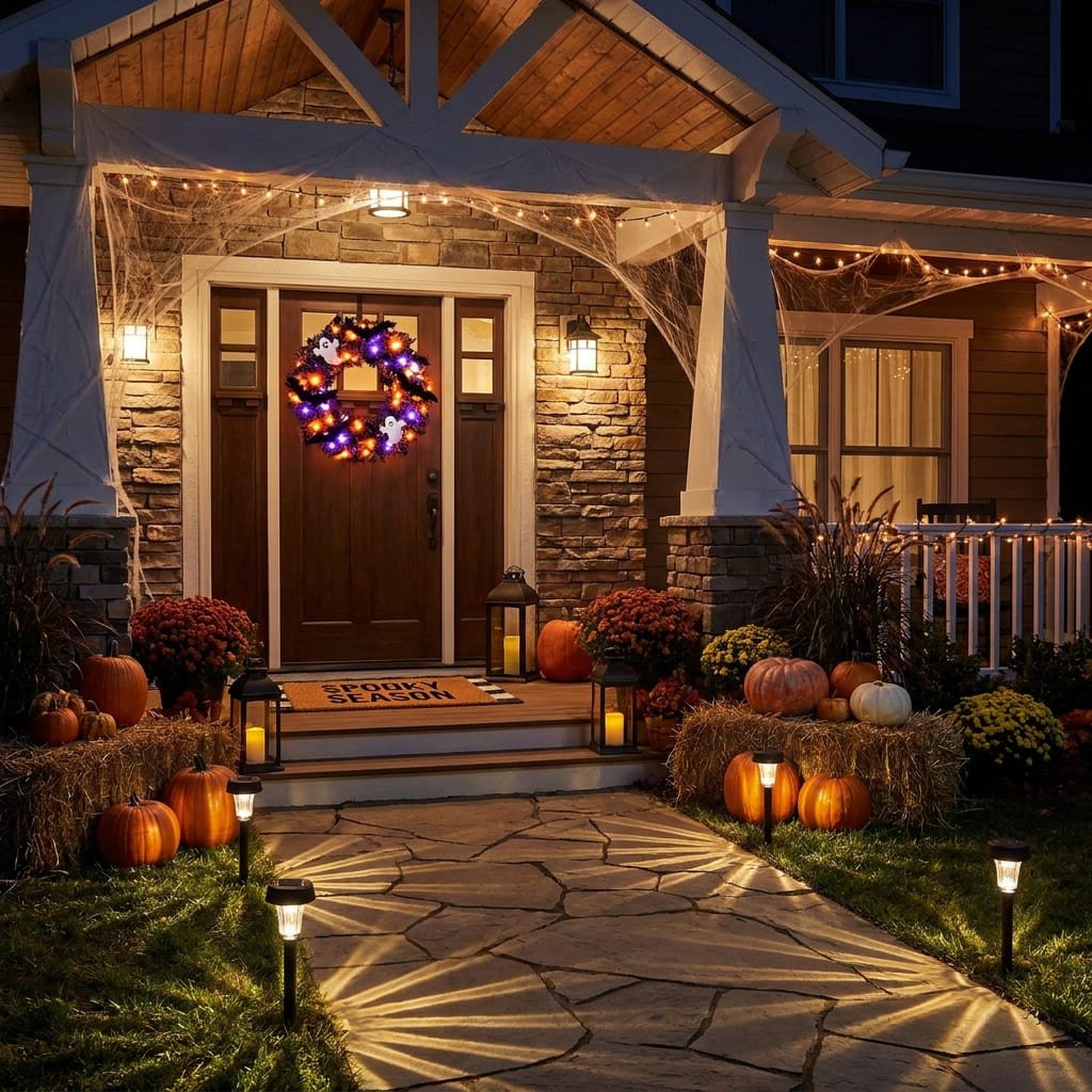 LED Halloween Wreath Safety: 5 Essential CPSC Rules for Front Door Displays 4 Glowing illuminated LED Halloween wreath suspended on a dark wood front door above a rustic porch entrance
