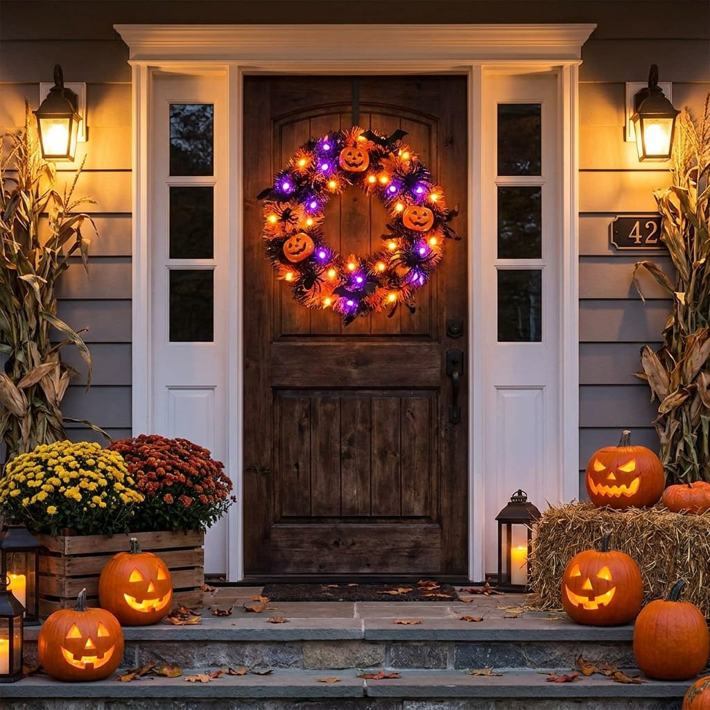 LED Halloween Wreath Safety: 5 Essential CPSC Rules for Front Door Displays 2 Glowing illuminated LED Halloween wreath suspended on a dark wood front door above a rustic porch entrance