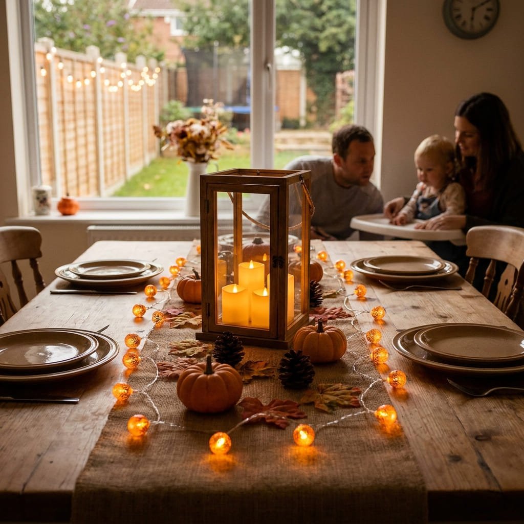 Child-Safe Halloween Decorations: 5 Essential CPSC Rules for Low-Risk Holiday Styling 2 Festive dining table display illuminated with battery-operated LED tea lights for child-safe Halloween decorations.