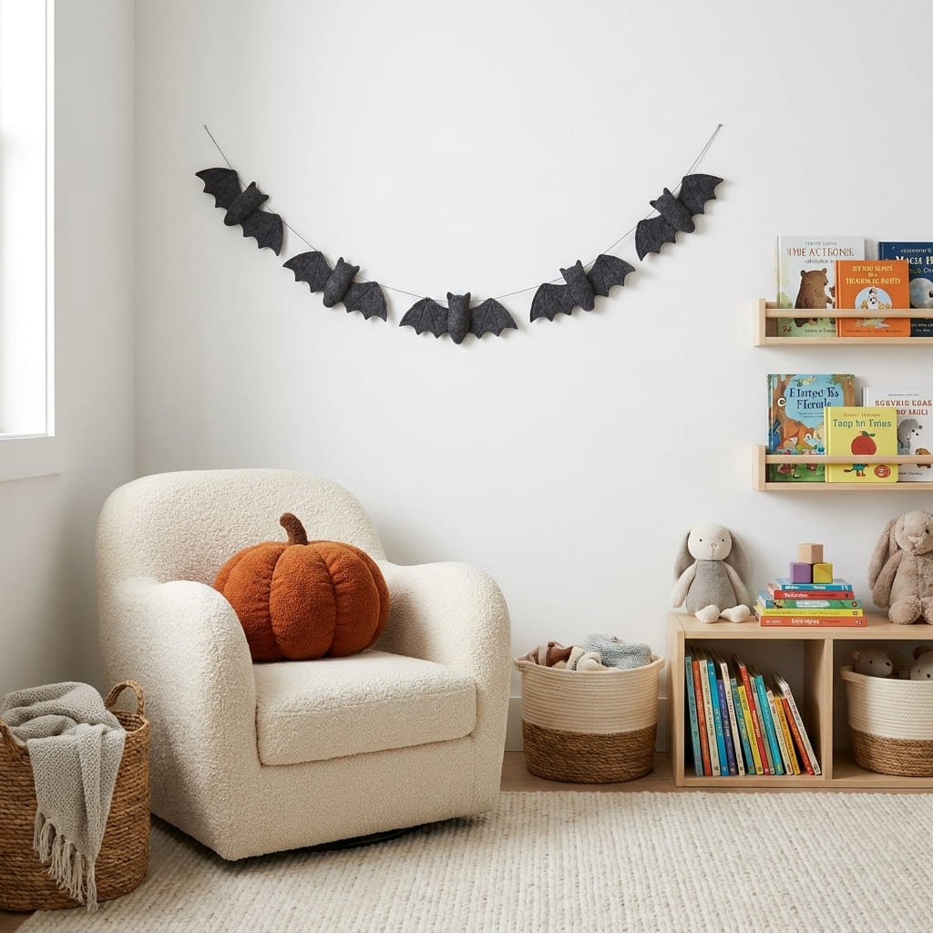 Child-Safe Halloween Decorations: 5 Essential CPSC Rules for Low-Risk Holiday Styling 4 Cozy reading corner decorated with a soft dark gray felt bat garland and a plush pumpkin pillow.