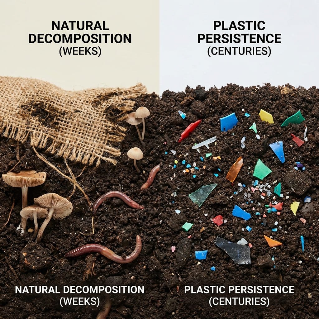 Natural Fiber Decor: The Real Microplastic Gap Between 2 Common Materials 3 discarded halloween decorations breaking down outdoors versus synthetic fragments