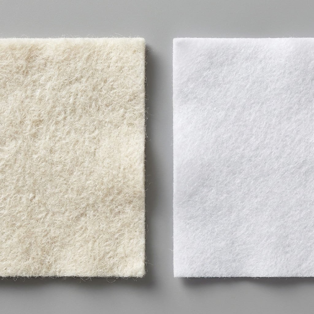 Natural Fiber Decor: The Real Microplastic Gap Between 2 Common Materials 2 wool felt and synthetic felt materials side by side
