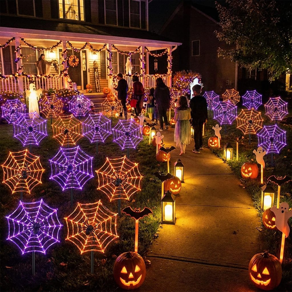 Wide-angle overview of a festive front lawn displaying ground-staked spider webs and solar pathway lights for outdoor Halloween yard decor safety