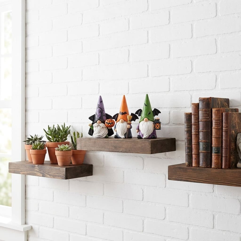 Scandinavian Halloween Ornaments: 3 Honest Safety Reasons to Display Hodao's Gnomes 3 Three rustic dark wood floating shelves mounted on a white brick wall, displaying three miniature resin gnomes safely out of reach of children and pets.