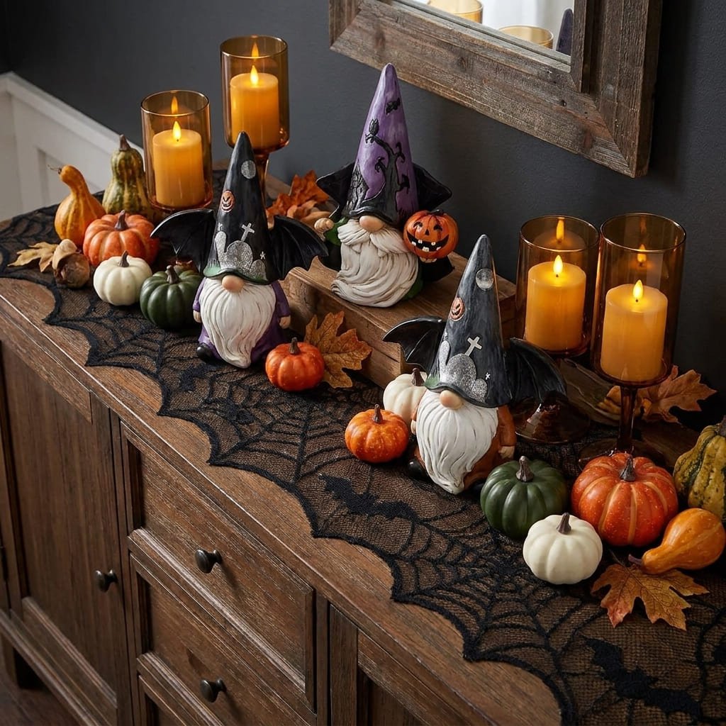 Scandinavian Halloween Ornaments: 3 Honest Safety Reasons to Display Hodao's Gnomes 2 An overhead shot of a black gothic lace runner on a wooden sideboard, styled with three miniature resin gnomes and autumn decor.