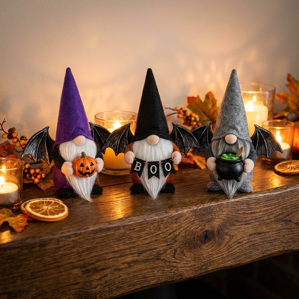 Scandinavian Halloween Ornaments: 3 Honest Safety Reasons to Display Hodao's Gnomes 1 A cozy mantle arrangement displaying three detailed bat-winged Hodao gnomes holding a pumpkin, a BOO banner, and a tiny cauldron under warm candlelight.